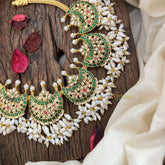 Vriksham Traditional Half Moon Guttapusalu Short Neckpiece-White Green-Rice Pearl-J3581